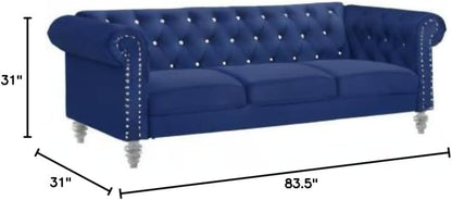 Glam Emma Velvet Three Seater Chesterfield Style Sofa for Small Spaces with Crystal Button Tufts, Royal Blue