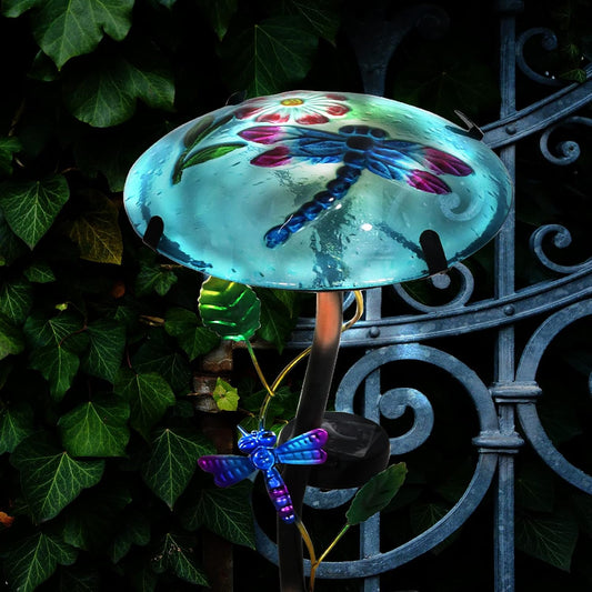 Glass Mushroom Shape with Dragonfly Pattern  - Waterproof Upgraded Outdoor Ground Landscape 