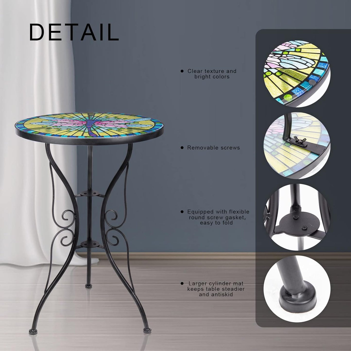 Patio Side Table Outdoor Accent Table Bistro Coffee Table Plant End Table Small Porch Table Indoor round Glass Balcony Plant Table Stands Dragonfly