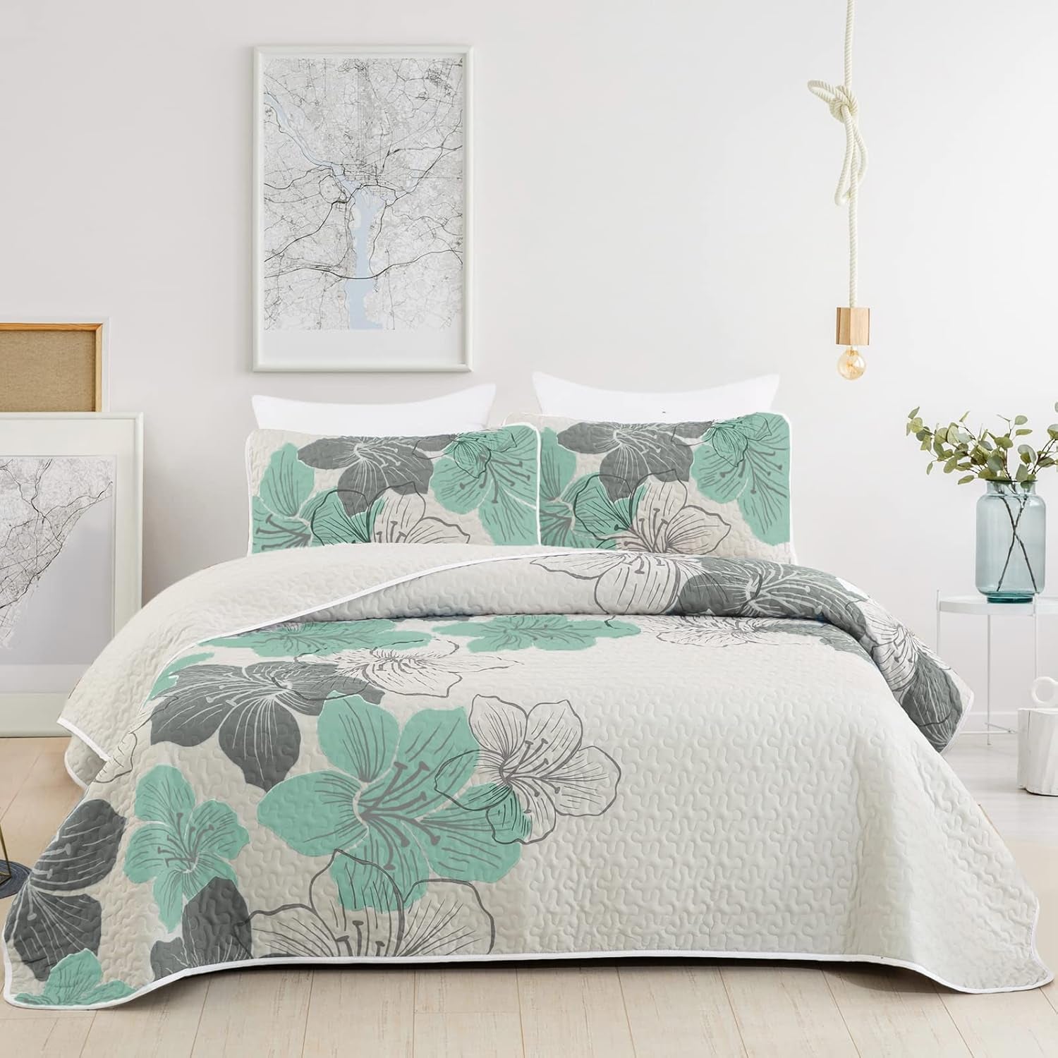 3 Pieces Quilt Set Queen Green Floral Pattern Quilt Coverlet Bohemian Floral Bedspread with 2 Pillow Shams Elegant Lightweight Botanical Bedding Quilt Set for All Season 90"X96"