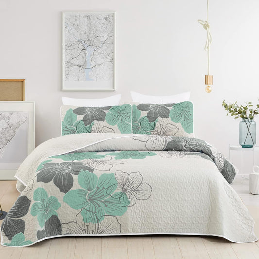 3 Pieces Quilt Set Queen Green Floral Pattern Quilt Coverlet Bohemian Floral Bedspread with 2 Pillow Shams Elegant Lightweight Botanical Bedding Quilt Set for All Season 90"X96"
