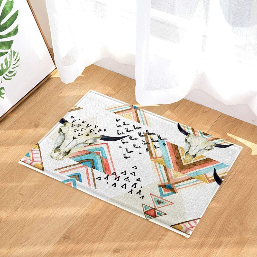 Western Boho Shower Curtain Native Aztec Tribal Bull Skull Southwestern Cow Bohemian Geometric Pattern West Bathroom Decor Aztec Shower Curtain with Hooks (69X70)